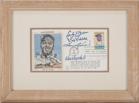 1982 Jackie Robinson Cooperstown First Day Cover Multi-Signed With 5 Signatures Including Wynn, Hubbell, Drysdale and Slaughter (PSA/DNA)